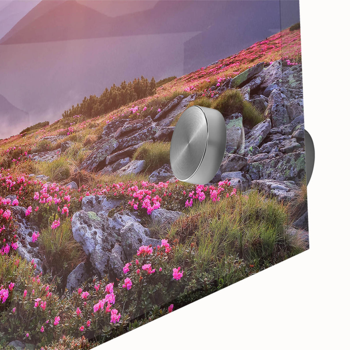 Close-up of a vibrant acrylic glass wall art piece showcasing a colorful landscape design with fields and hills, perfect for modern home decor.
