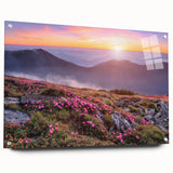 Acrylic glass wall art piece showcasing a vibrant landscape design with fields in various shades of green and gold, displayed side view with decorative pins.