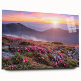 Acrylic glass wall art featuring a vibrant landscape design with rolling fields, displayed in a side view without pins, perfect for modern home decor.