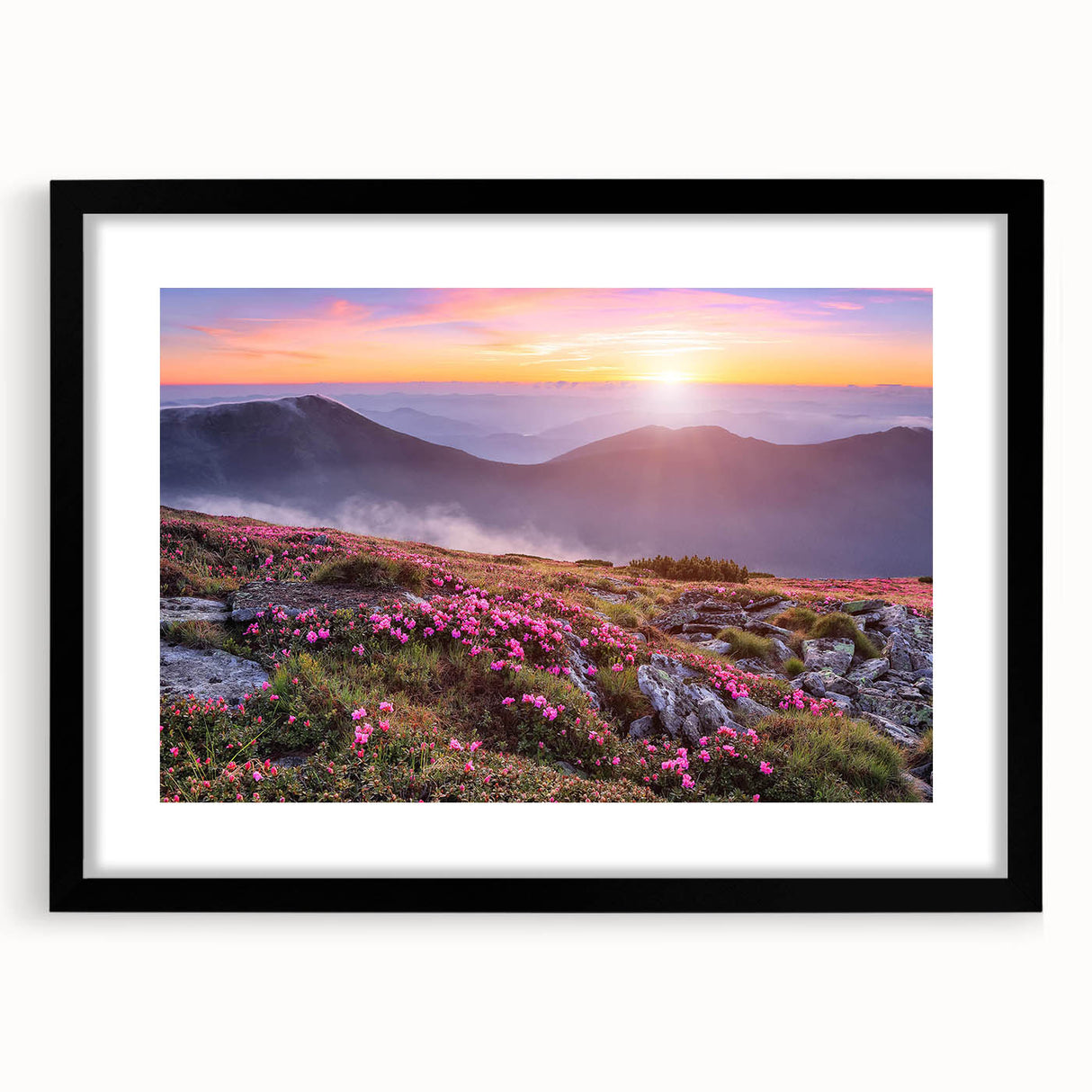 Black-framed wall art featuring a serene landscape of golden fields and blue skies, designed to enhance modern home decor with a touch of nature's beauty.