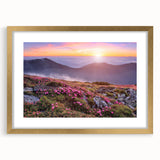 Framed wall art featuring a serene landscape of golden fields under a blue sky, elegantly displayed with a mat in a stylish gold frame, enhancing any decor.