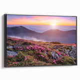 Framed canvas wall art showcasing a serene landscape design with vibrant fields, set against a sleek black frame, perfect for modern home decor.