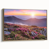 Framed canvas wall art showcasing a vibrant landscape design with golden accents, set against a minimalist white background, ideal for modern home decor.