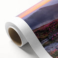 Vibrant rolled canvas showcasing a colorful landscape design, featuring rolling hills and a bright blue sky, ideal for enhancing home decor with a natural touch.