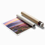 Vibrant rolled print of a landscape featuring lush green fields and rolling hills, designed for wall art collection, showcasing rich colors and serene scenery. Perfect for enhancing home decor with nature-inspired aesthetics.