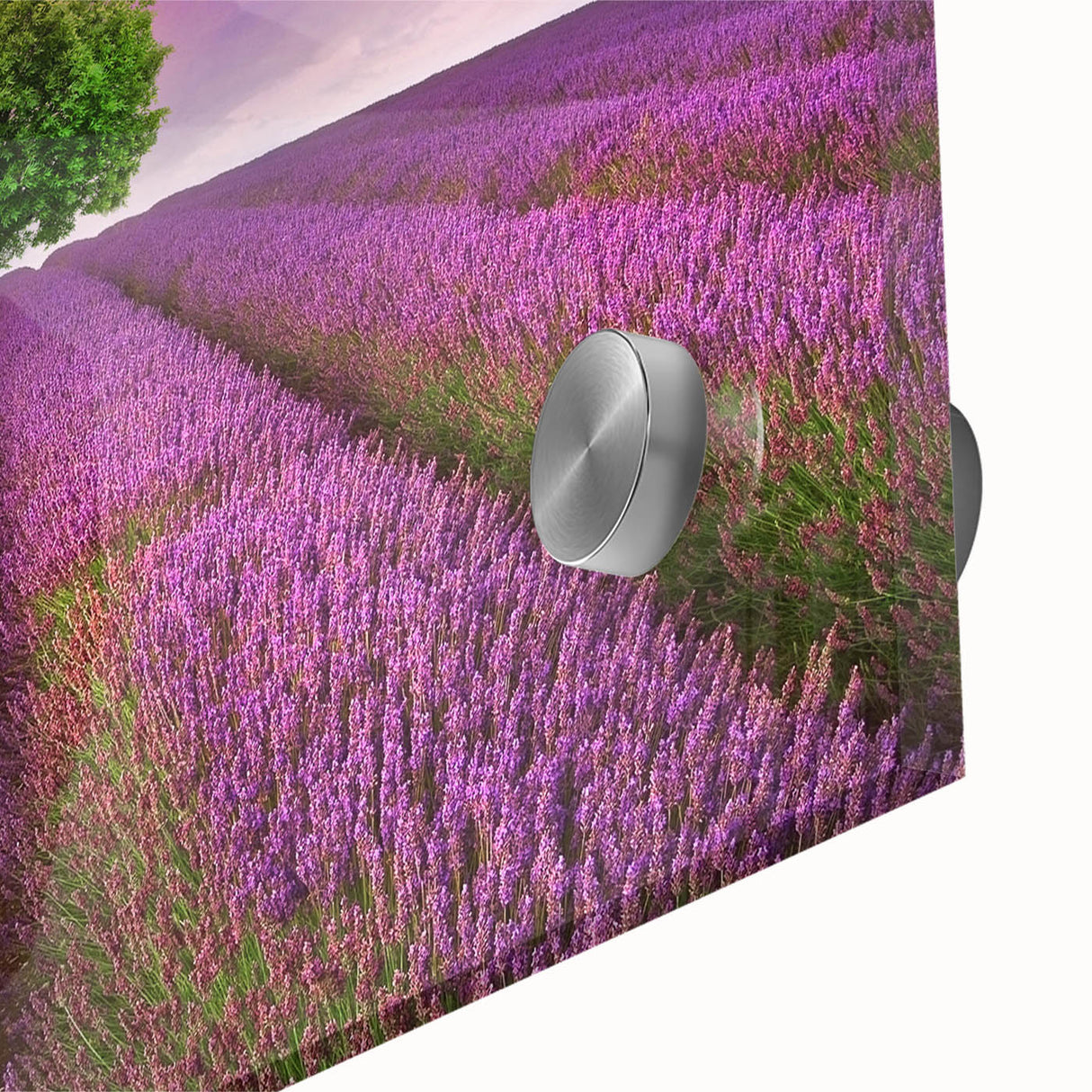 Close-up of a vibrant acrylic glass wall art piece showcasing a colorful landscape of rolling fields, ideal for home decor and interior design enthusiasts.