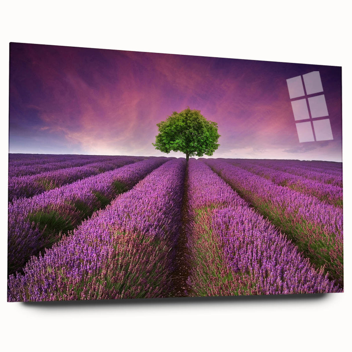 Acrylic glass wall art showcasing a vibrant landscape design with rolling fields in rich greens and yellows, viewed from the side without pins, perfect for modern decor.