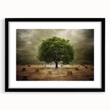 Framed wall art featuring a serene landscape scene with fields, presented in a black frame with a mat. Ideal for home decor and interior design.