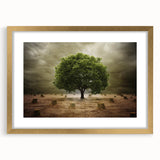 Framed gold wall art showcasing a vibrant landscape design, featuring lush green fields and a serene sky, perfect for enhancing home decor aesthetics.