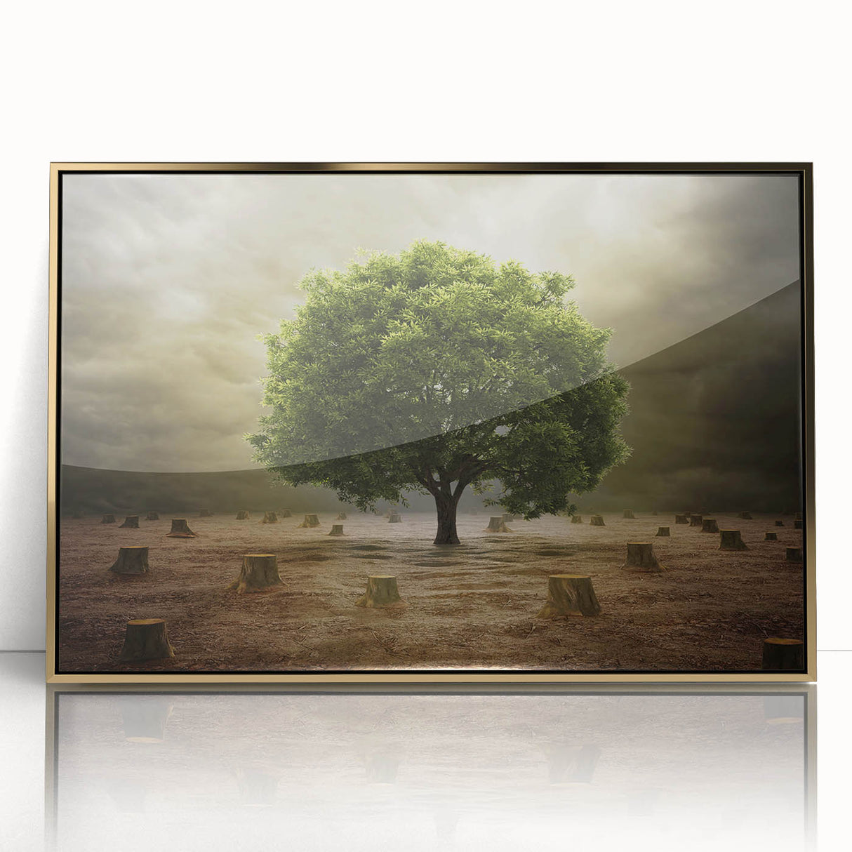 Framed acrylic wall art showcasing a vibrant landscape design with golden accents, perfect for modern home decor. Ideal for adding elegance to living spaces.