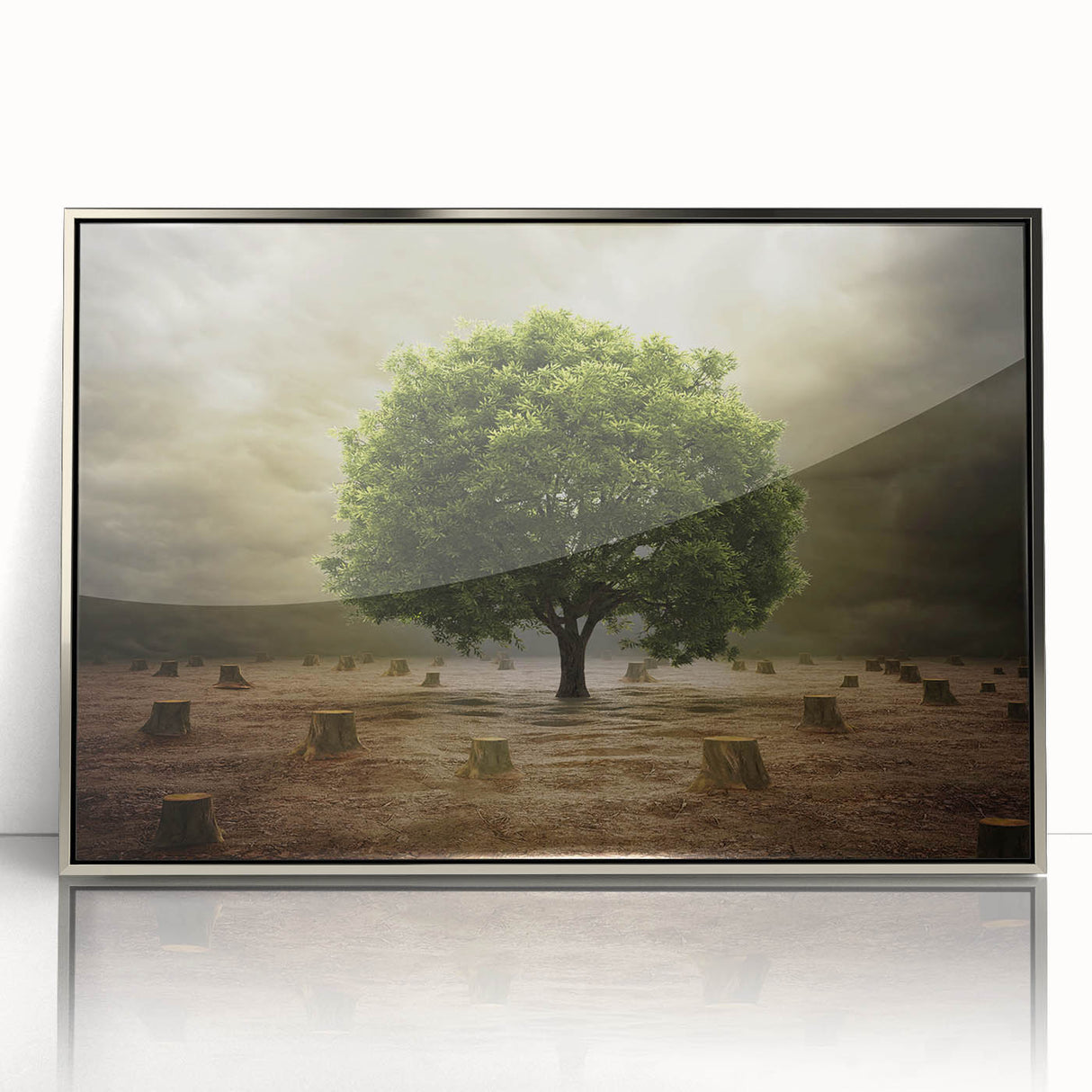 Framed acrylic wall art featuring a vibrant landscape design with fields and rolling hills, elegantly displayed in a sleek silver frame, perfect for home decor.