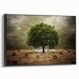 Framed canvas wall art depicting a serene landscape with vibrant green fields and a clear blue sky, showcasing a black frame in a side view perspective.