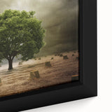 Close-up of a vibrant framed canvas artwork depicting lush green fields and blue skies, part of the Landscapes Fields Design 21 collection, ideal for home decor.