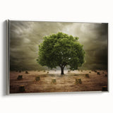 Framed canvas wall art showcasing a serene landscape with vibrant fields and soft colors, featuring a sleek silver frame, ideal for modern home decor.