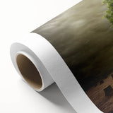 Vibrant rolled canvas artwork depicting a serene landscape with rolling fields and a sunset, showcasing rich greens and warm golds, perfect for home decor.