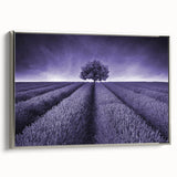 Framed canvas wall art showcasing a serene landscape scene with vibrant fields, elegantly bordered in silver, ideal for enhancing modern home decor.