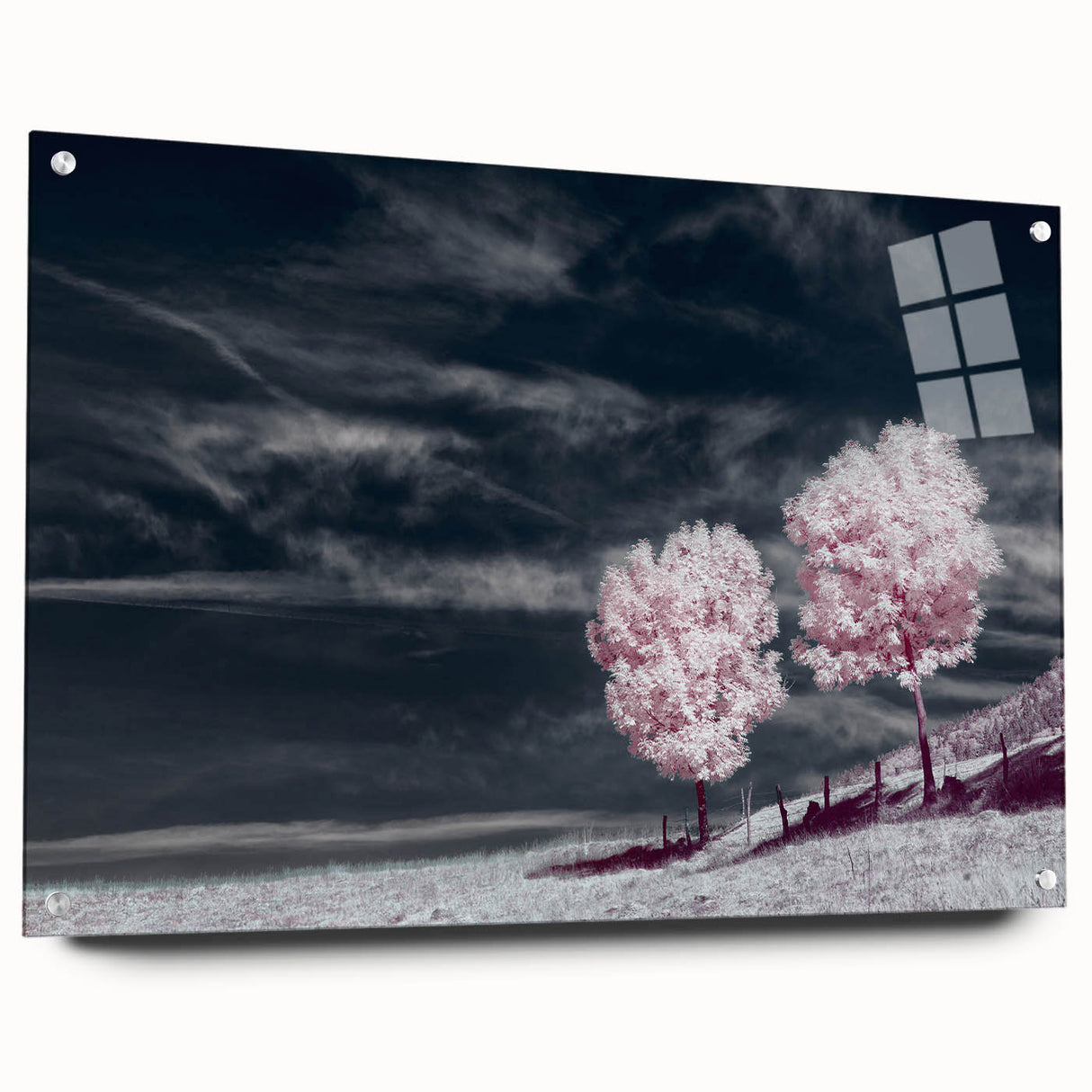 Acrylic glass wall art collection showcasing a vibrant landscape design featuring lush green fields. The piece is elegantly displayed from a side view, secured with decorative pins for an artistic touch.