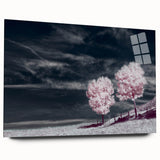 Acrylic glass wall art showcasing a vibrant landscape design with lush green fields and a serene blue sky, elegantly displayed from a side view without pins, perfect for home decor.