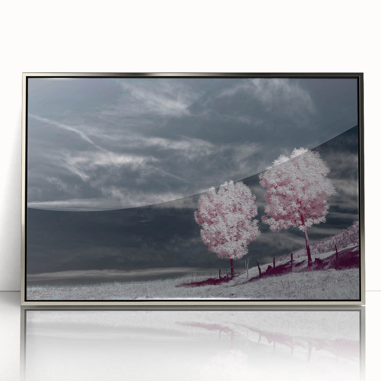Framed wall art collection showcasing a vibrant landscape design with fields and hills, featuring an elegant silver frame and acrylic front for a modern decor touch.
