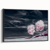 Framed canvas wall art showcasing a serene landscape with vibrant fields, presented in a sleek black frame, ideal for modern home decor and artistic enhancement.