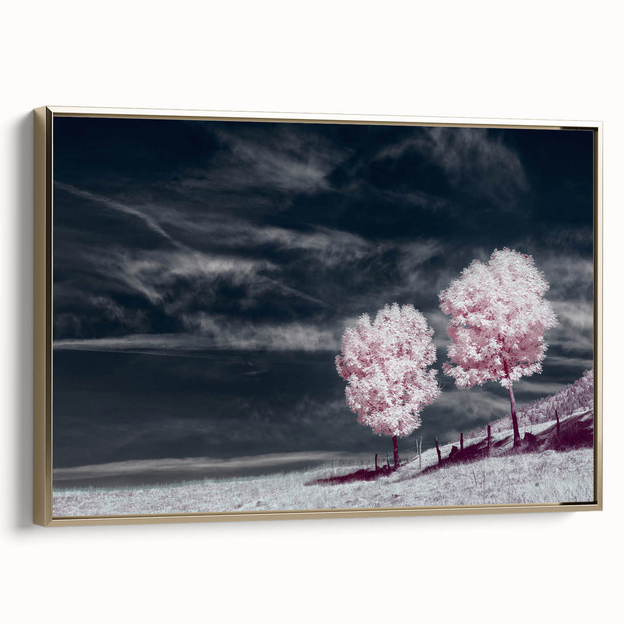 Framed canvas wall art from the Landscapes Fields Design collection, featuring an elegant gold frame and vibrant colors, perfect for home decor enhancement.