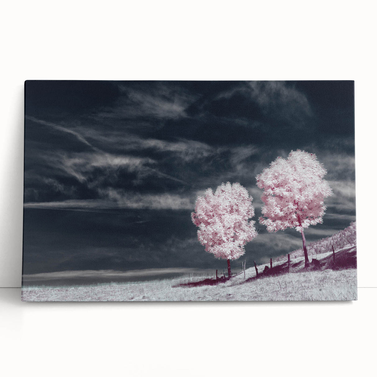 Stretched canvas wall art showcasing a vibrant, serene landscape of rolling fields under a clear blue sky, ideal for home decor and modern interior design.