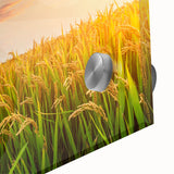 Close-up of a vibrant landscape wall art piece showcasing lush green fields under a bright blue sky, designed with acrylic glass for enhanced clarity and depth.
