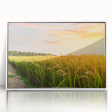 Framed wall art collection showcasing a vibrant landscape design with fields in rich green and gold tones, accented by a sleek white frame, perfect for home decor.