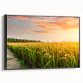 Framed canvas wall art showcasing a serene landscape field design with vibrant colors, displayed from a black side view for elegant home decor.
