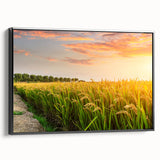 Framed canvas wall art showcasing a serene landscape field design with vibrant colors, displayed from a black side view for elegant home decor.