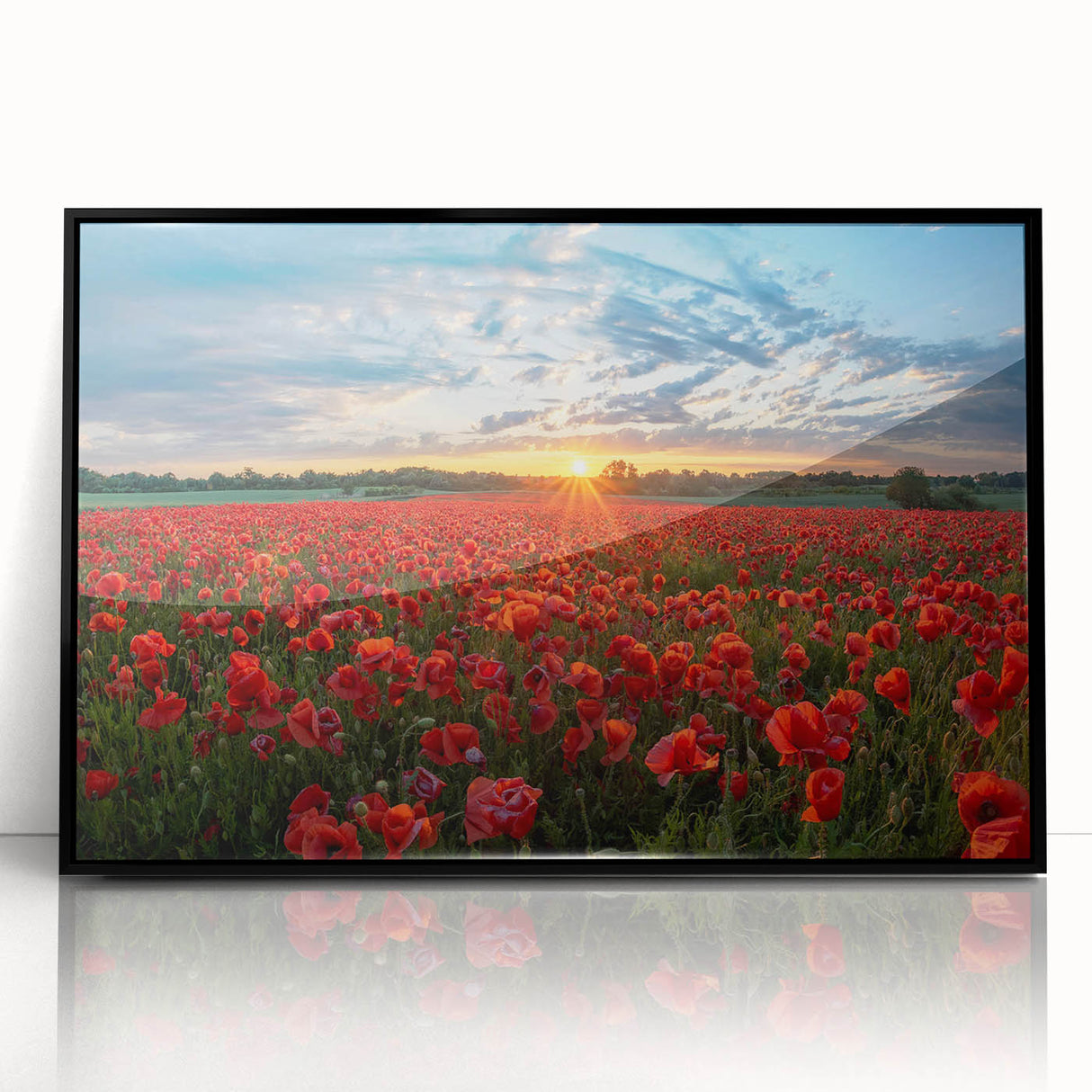 Framed acrylic wall art showcasing a vibrant landscape design with fields, featuring a sleek black frame and a front view perspective, perfect for home decor.