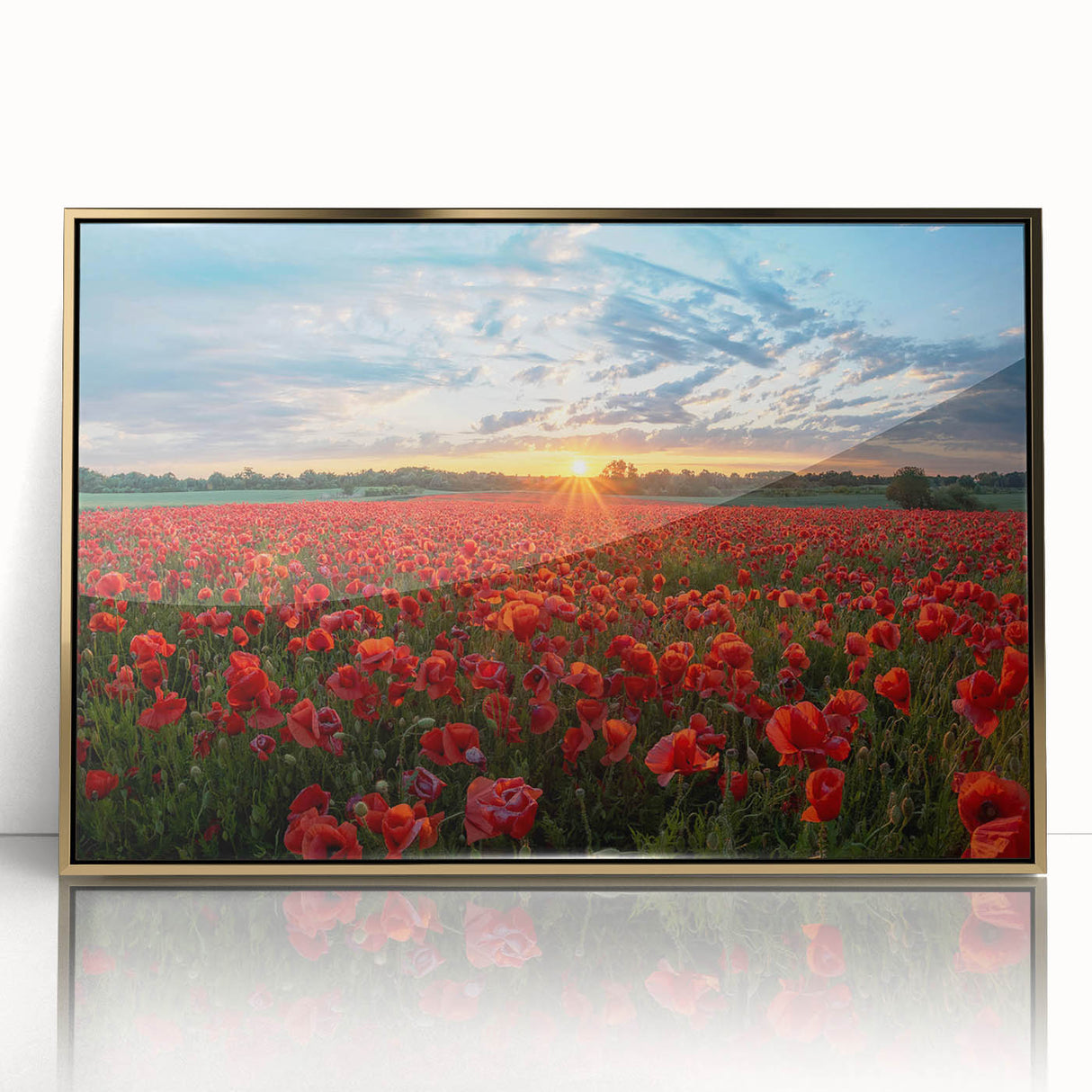 Framed acrylic wall art featuring a golden landscape design, showcasing vibrant fields and a striking front view, perfect for enhancing home decor aesthetics.