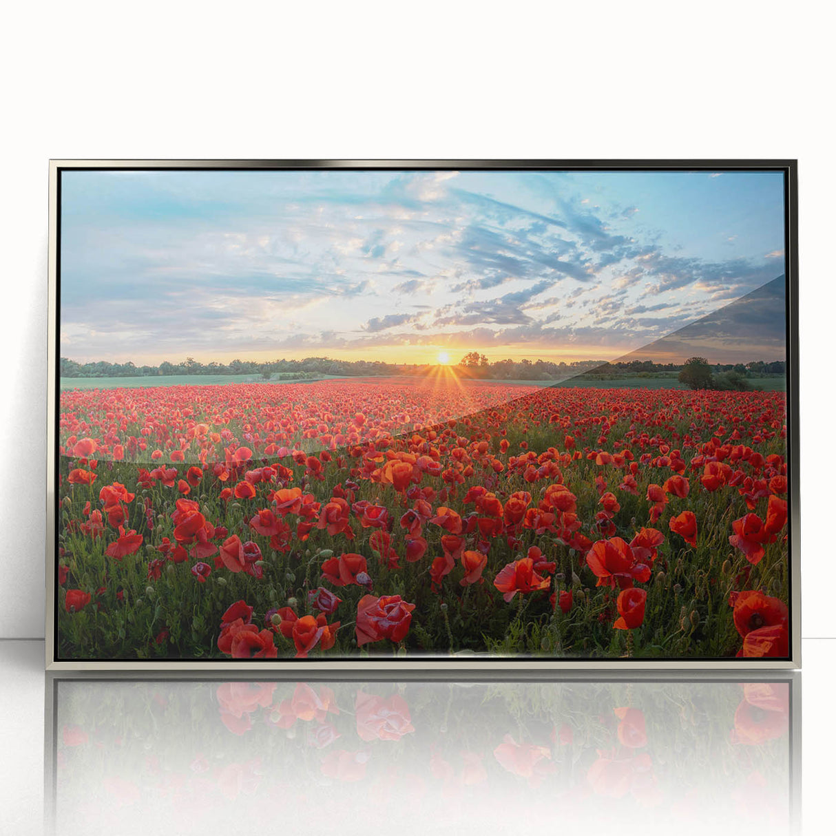 Framed wall art featuring a serene landscape with rolling fields and vibrant colors, designed for home decor, showcasing a sleek silver frame with acrylic front for clarity.