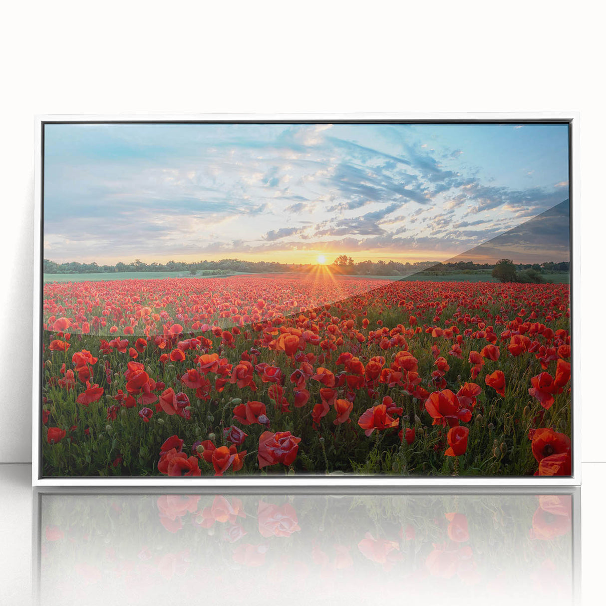 Framed wall art featuring a vibrant landscape design with lush green fields, set in a sleek white frame, perfect for enhancing modern home decor.