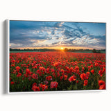Framed canvas wall art showcasing a serene landscape of golden fields under a blue sky, presented in a white frame, ideal for home decor enhancement.
