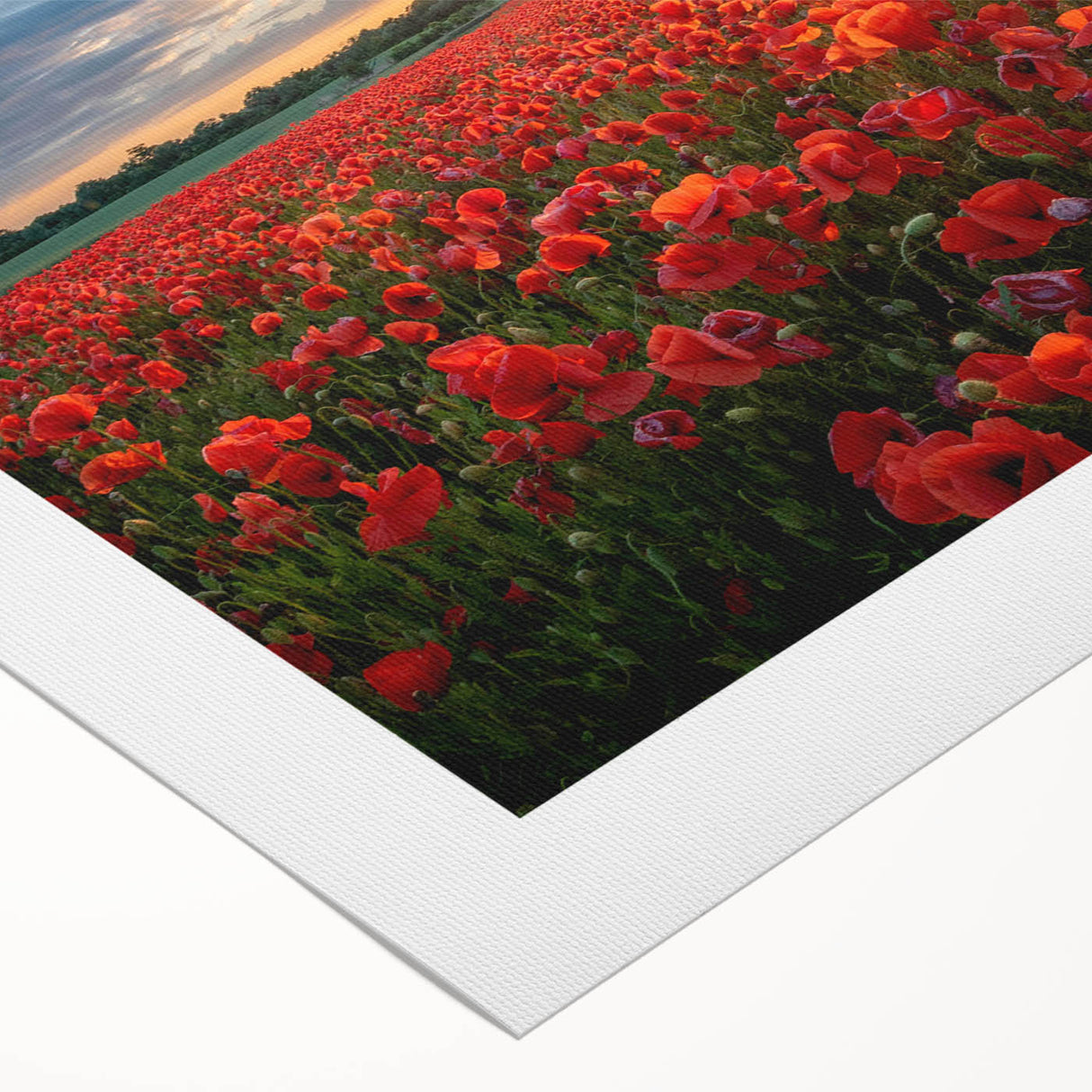 Vibrant rolled canvas artwork depicting a serene landscape of lush green fields under a clear blue sky, perfect for enhancing home decor with nature-inspired aesthetics.