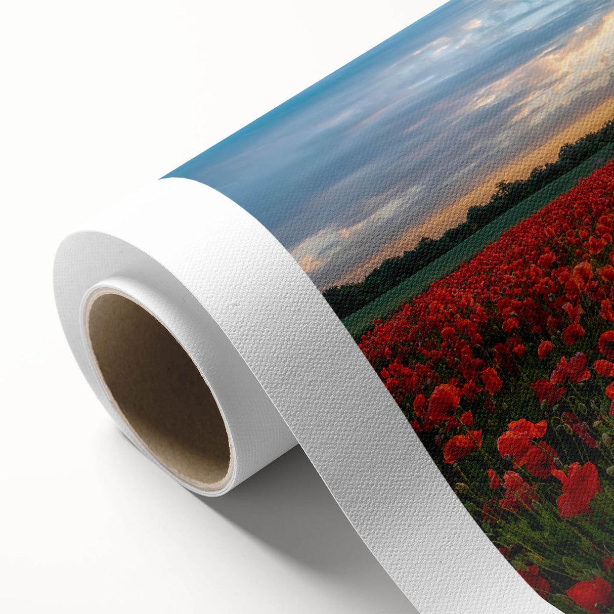 Vibrant rolled canvas print showcasing a stunning landscape design featuring golden fields under a bright blue sky, ideal for modern home decor.