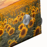 Close-up view of a vibrant acrylic glass wall art piece showcasing a colorful landscape design with fields and hills, ideal for modern home decor.