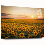 Acrylic glass wall art showcasing a vibrant landscape design with fields and rolling hills, elegantly displayed from a side view without pins, perfect for home decor.