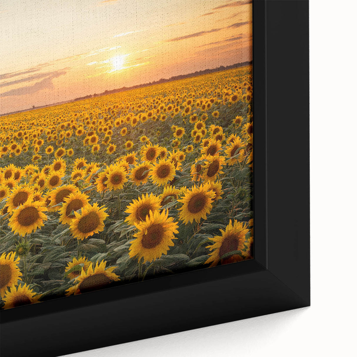 Close-up view of a framed canvas wall art piece showcasing a vibrant landscape design with golden fields under a bright blue sky, perfect for home decor.