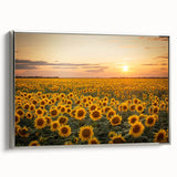 Framed canvas wall art showcasing a serene landscape with vibrant green fields, silver frame, and side view highlighting the depth and texture of the design. Perfect for home decor.