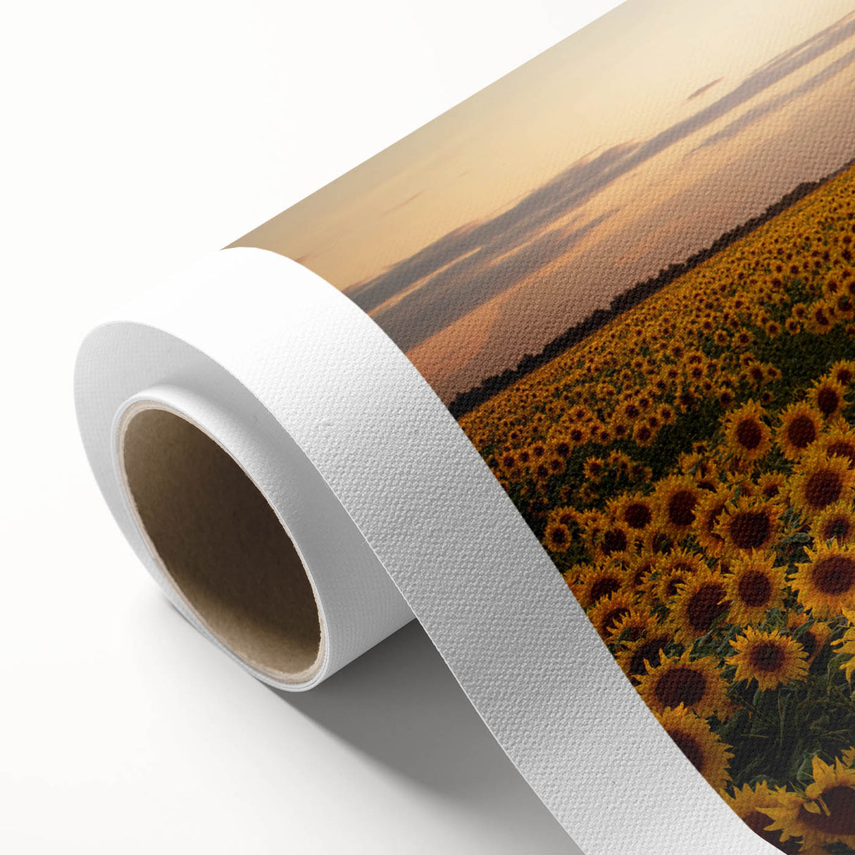 Vibrant rolled canvas artwork showcasing a serene landscape of lush green fields under a bright blue sky, perfect for home decor or office spaces.