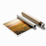 Vibrant rolled wall art print showcasing a serene landscape with lush green fields and a blue sky, perfect for home decor and interior design enthusiasts.