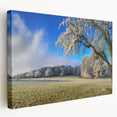 Stretched canvas wall art showcasing a vibrant landscape design with lush green fields and a blue sky, ideal for home decor. Perfect for adding a serene touch to any room.