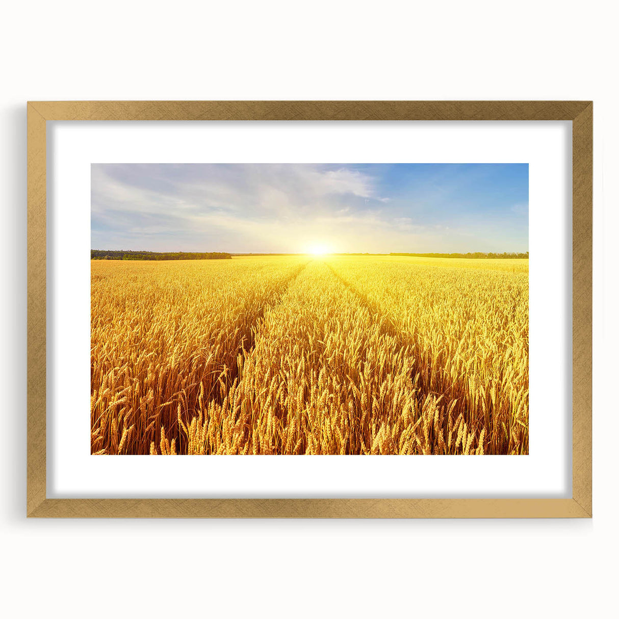 Framed wall art showcasing a serene landscape with rolling fields, featuring a gold mat and frame, perfect for home decor or office ambiance.