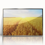 Framed acrylic wall art featuring a serene landscape design with lush green fields and a vibrant blue sky, showcasing a contemporary aesthetic ideal for home decor.