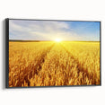 Framed canvas wall art showcasing a vibrant landscape design with fields, set against a black frame, viewed from the side, ideal for modern home decor.