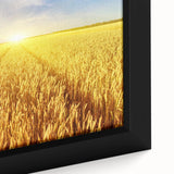 Framed close-up of a vibrant landscape canvas wall art featuring rolling green fields, blue skies, and soft clouds, perfect for home decor enhancement.