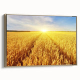 Framed canvas wall art featuring a serene landscape design with golden accents, showcasing lush green fields and a calming sky, perfect for modern decor.