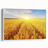 Framed canvas wall art showcasing a serene landscape of rolling fields, featuring vibrant greens and soft blue skies, presented in a stylish white frame, perfect for home decor.